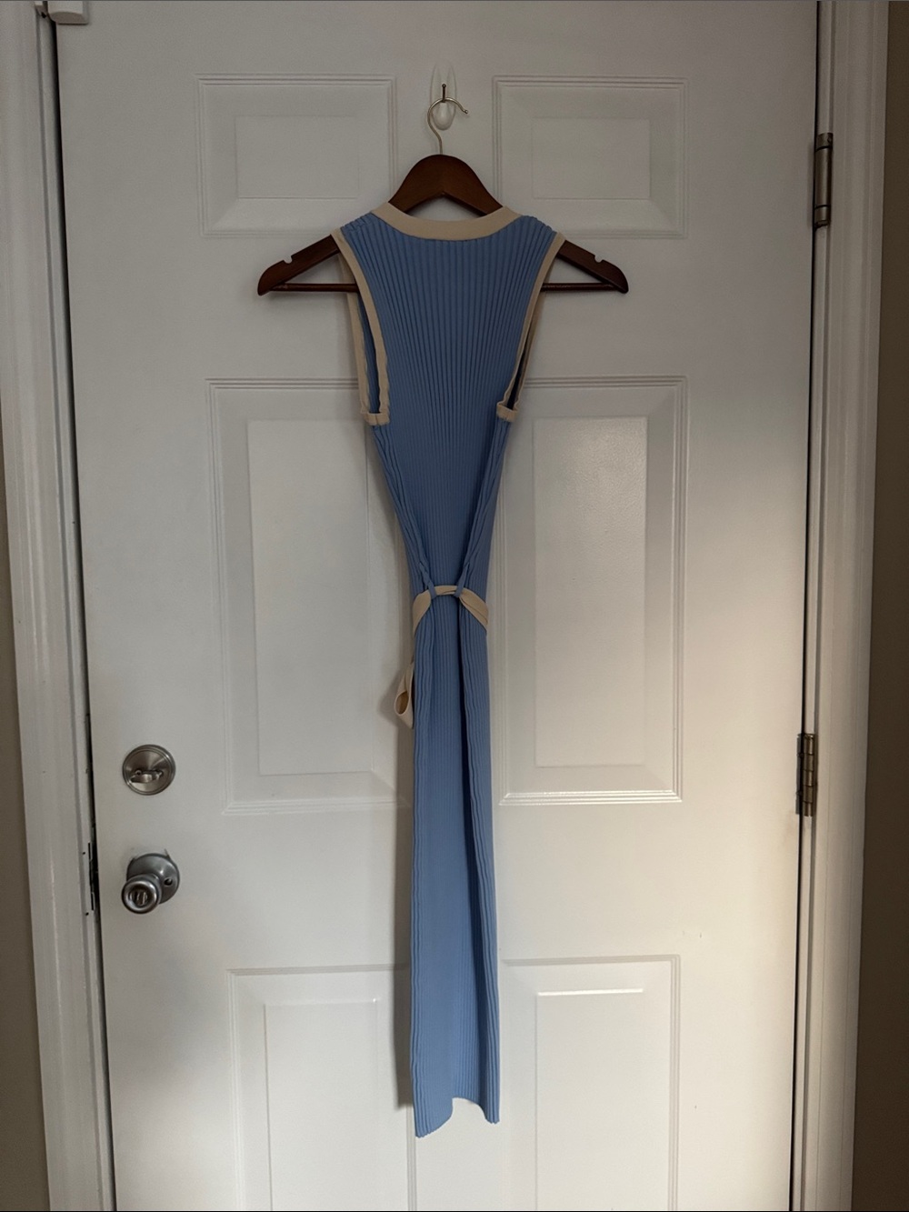 Vici Sleeveless Ribbed Button-Front Dress in Light Blue with Cream Trim - Picture 7 of 9
